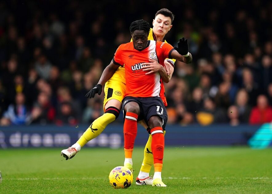Elijah Adebayo in action for Luton Town versus Sheffield United