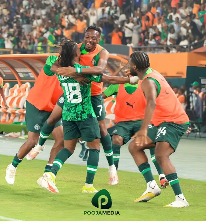  Super Eagles captain Ahmed Musa and Alex Iwobi celebrating a goal at AFCON 2023- Credit - Pooja Media