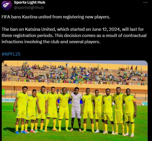 FIFA bans Kastina united from registering new players.