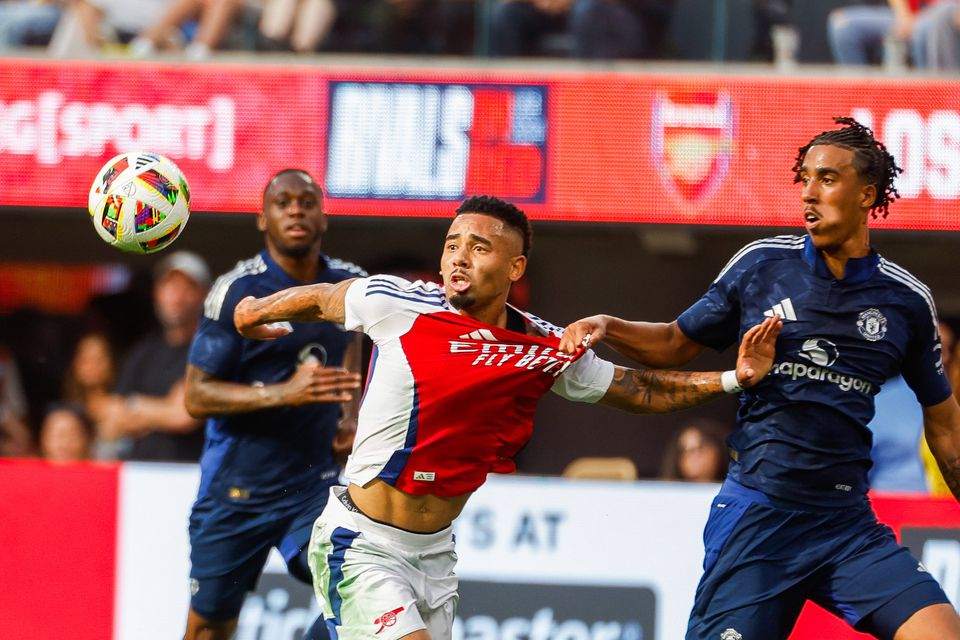 Leny Yoro contesting with Arsenal's Gabriel Jesus in a pre-season friendly