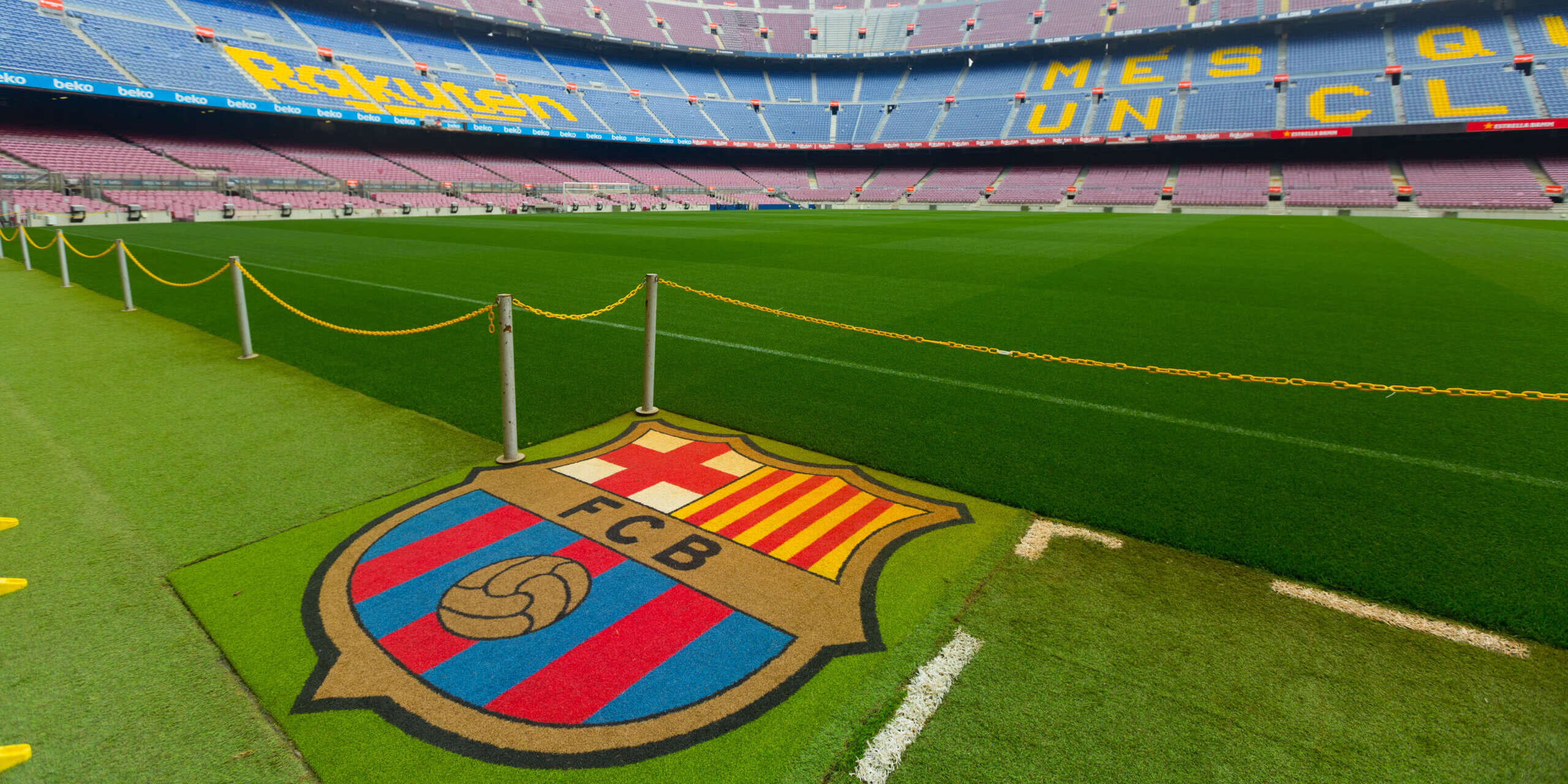 BARCELONA, SPAIN – MAY 23, 2021: View at field of football Nou Camp stadium