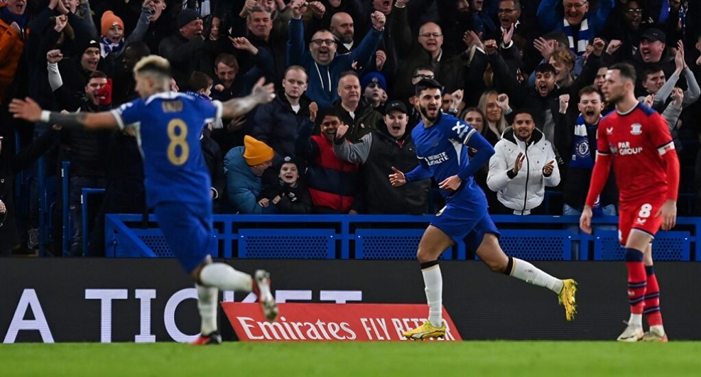 Chelsea’s Albanian striker #19 Armando Broja (C) celebrates after scoring his team first goal during the English FA Cup third round football match between Chelsea and Preston North End at Stamford Bridge in London on January 6, 2024.