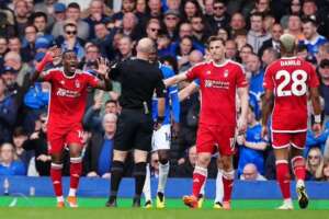 Nottingham Forest feel hard done by VAR Stuart Atwell and Anthony Taylor during the club's clash with Everton at Goodison Park
