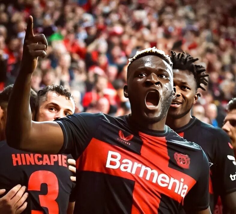 Victor Boniface celebrates goal against West Ham United in the Europa League